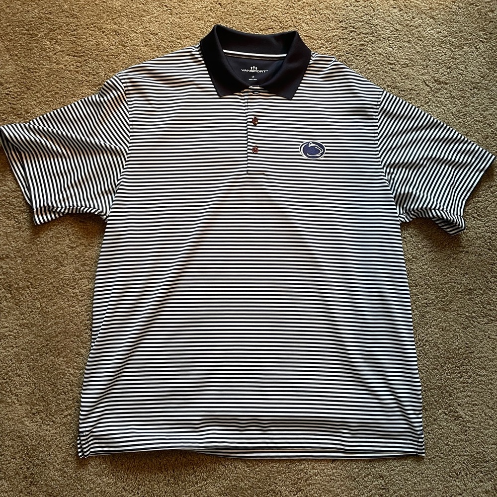 Penn State Mens Large Vansport Polo/Golf Shirt - Striped Navy and White